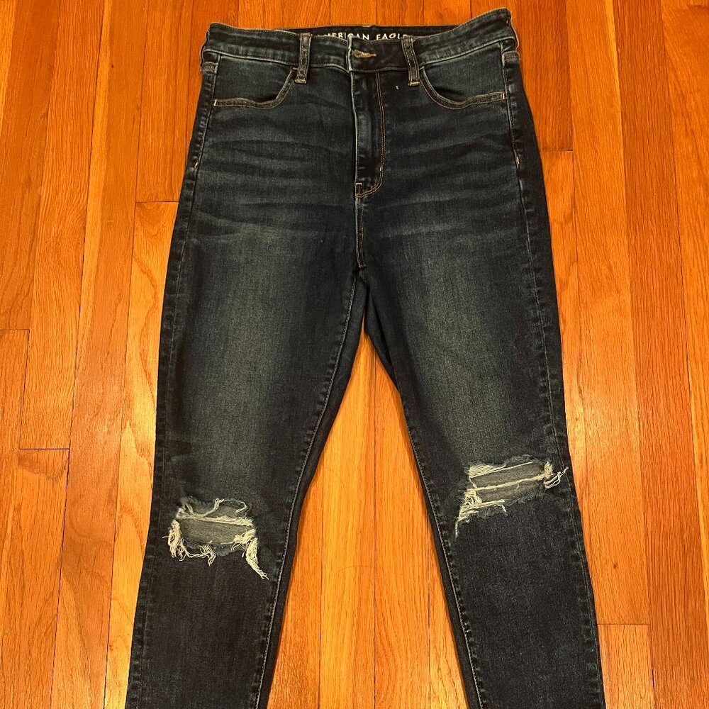AE Next Level Stretch Dark Wash Ripped Skinny Jean (Size 10 Short)